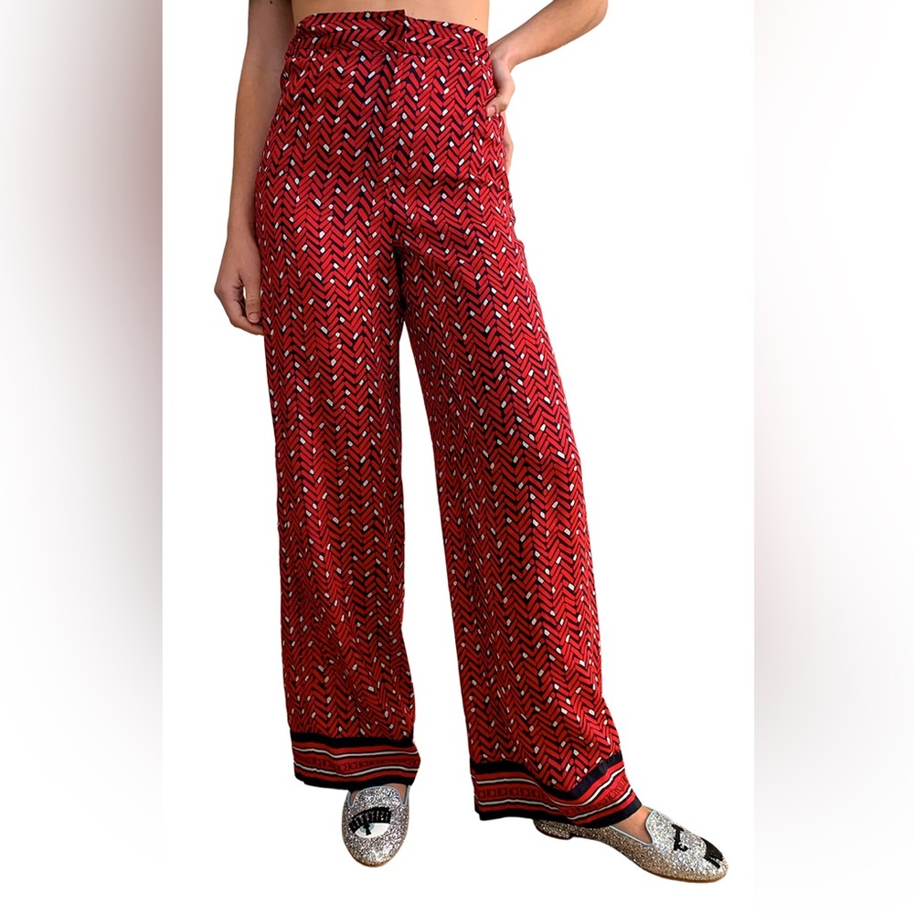 Carolina Herrera Classic Silk Wide Leg Pants Red Printed Flowy CH Monogram